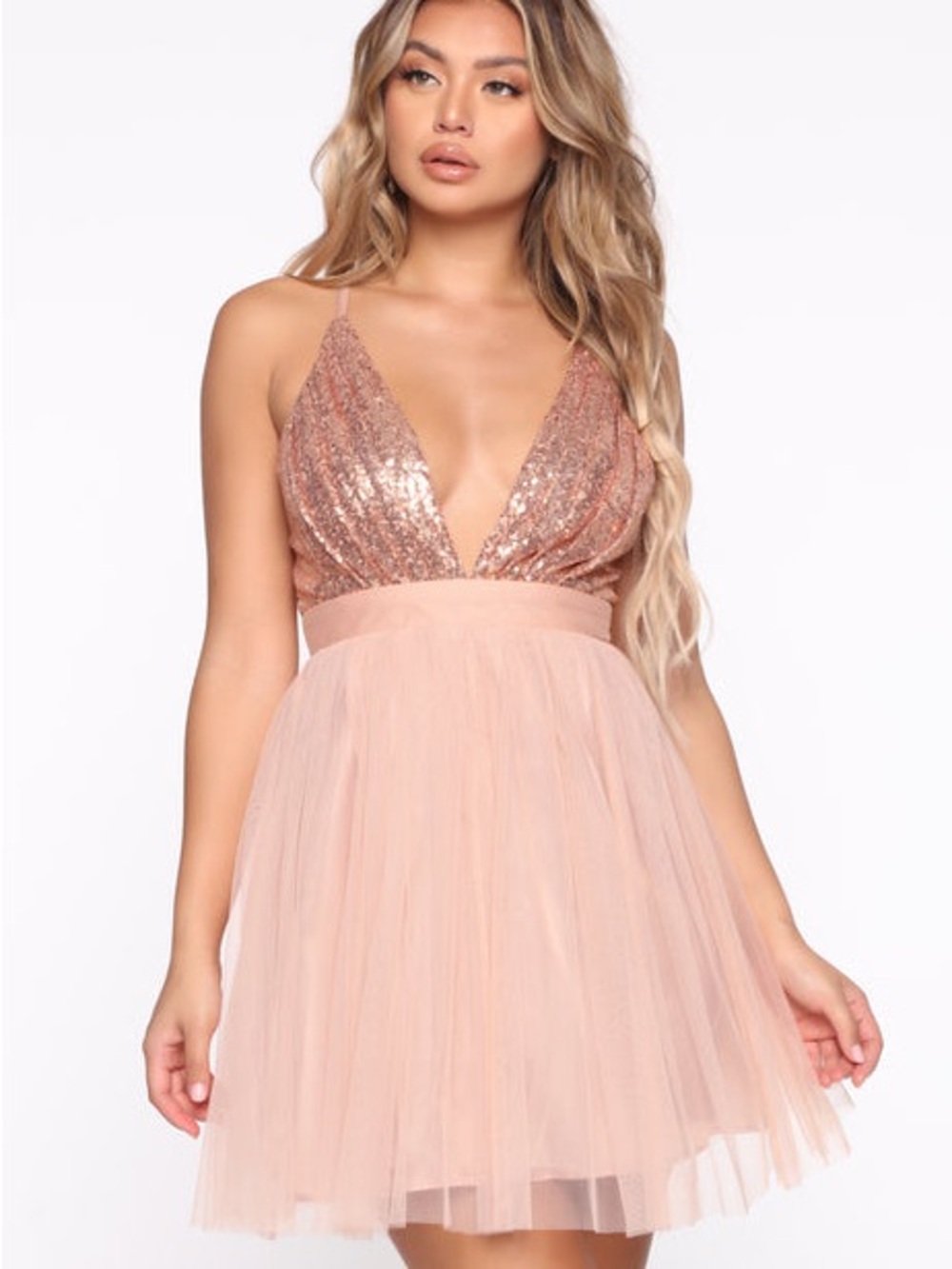Fashion Nova Rose Gold Sequin & Blush Tulle Mini Dress